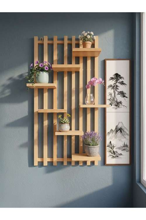 Dekoratif Ahşap Duvar Rafı - Modern Çiçeklik Raf - 40X120 Cm Çok Amaçlı Duvar Rafı