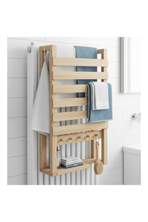 Doğal Ahşap Radyatör Üstü Havluluk Ve Banyo Rafı - 30X50 Cm Modern Askılıklı Dekoratif Organizer