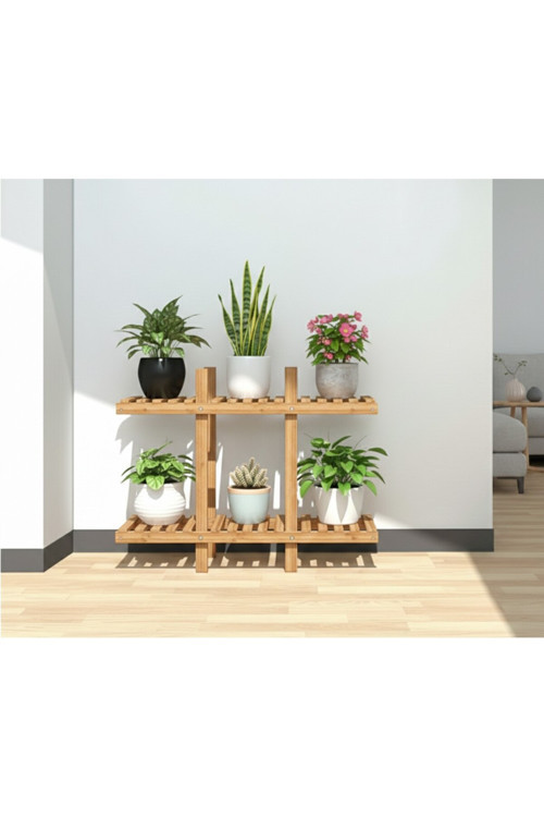 Doğal Köknar Ahşap 2 Katlı Dekoratif Çiçeklik - 100X100 Cm Derinlik 25 Cm Büyük Boy Saksı Standı