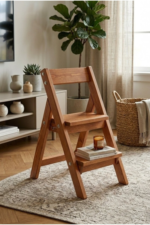 Ahşap Katlanır Merdivenli Tabure - 60X25X20 Cm - Doğal Kestane Rengi Çok Amaçlı Basamak