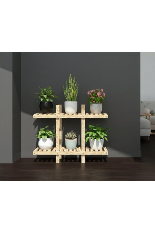 Doğal Köknar Ahşap 2 Katlı Dekoratif Çiçeklik - 100X100 Cm Derinlik 25 Cm Büyük Boy Saksı Standı