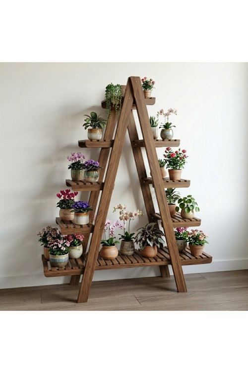 Wooddecor 5 Katlı Ahşap Merdiven Çiçeklik - 120X100 Cm Geniş Raf Standı
