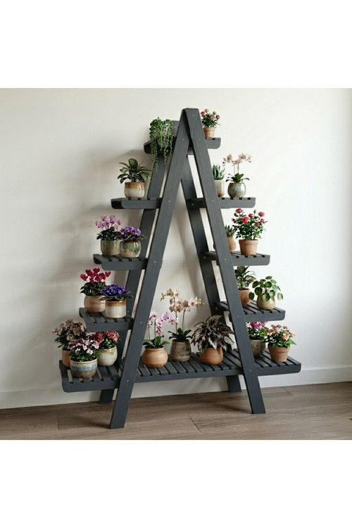 Wooddecor 5 Katlı Ahşap Merdiven Çiçeklik - 120X100 Cm Geniş Raf Standı