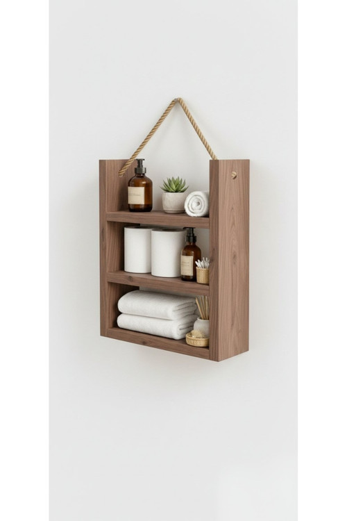 Ahşap 3'Lü Duvar Rafı - Dekoratif Banyo Ve Mutfak Organizeri - 60X30 Cm