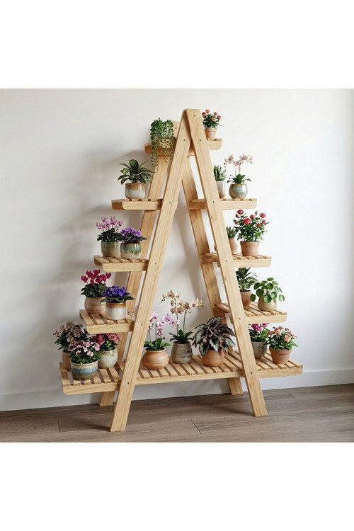 Wooddecor 5 Katlı Ahşap Merdiven Çiçeklik - 120X100 Cm Geniş Raf Standı
