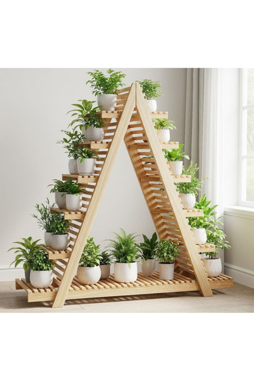 150X150 Cm Dev Boy Masif Ahşap A Formlu Çiçeklik Standı - 11 Bölmeli Bahçe Balkon Saksı Rafı