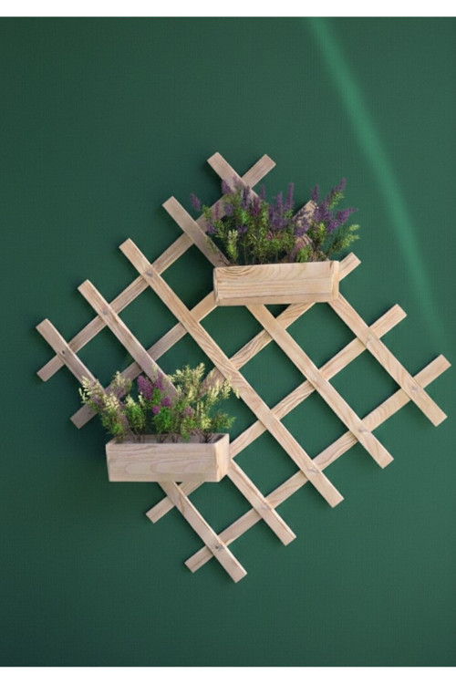 Ahşap Dekoratif Duvar Rafı Çiçeklik - 40X40 Cm Kafes Askılı Saksı Standı - Doğal Çam Duvar Dekoru