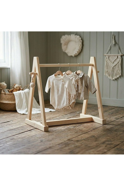 .Montessori Ahşap Bebek Kıyafet Askılığı - Doğal Çam Çocuk Elbise Standı (100X100 Cm)