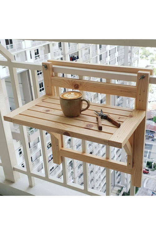 Ahşap Balkon Masası - Katlanır Ve Ayarlanabilir Balkon Korkuluk Masası (60X40 Cm)