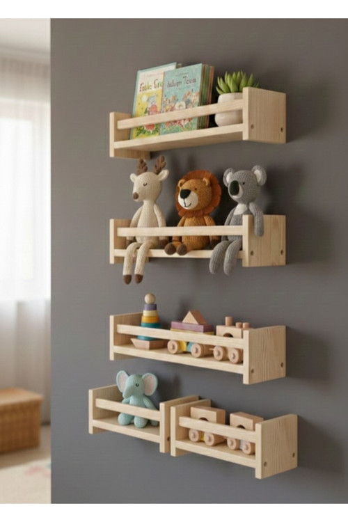 Ahşap Çocuk Odası Montessori Raf Kitaplık 4’Lü Set - Duvara Monte Oyuncak Rafı 100X40 Cm
