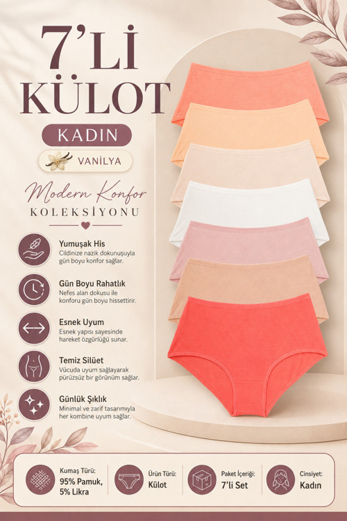 Kadın Külot Yuksek Bel 7 Li Paket Likralı Vanilya
