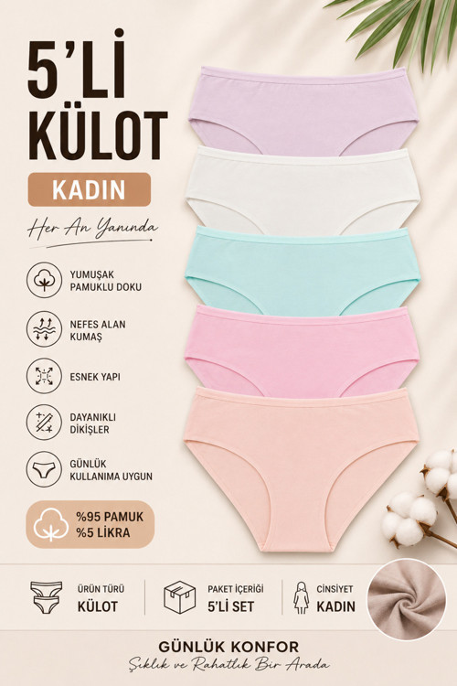 Kadın Külot 5'li Paket Lazer Kesim Pamuklu Interlok Likrali SOMON