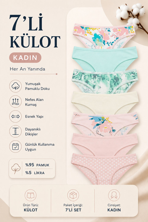 Kadın Külot 7 Li Paket Likralı Pamuklu Baskılı