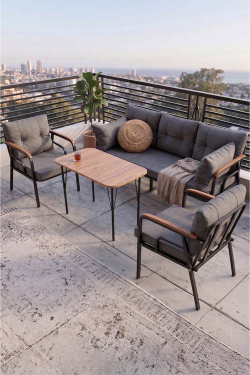 Ekon Serisi 1. Sınf 3+1+1 Ve 1 Adet Orta Sehpa 2 Yastıklı Gri Bahçe Balkon Oturma Koltuk Takımı