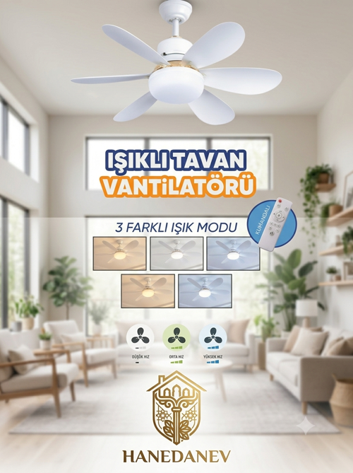 Uzaktan Kumandalı Işıklı Tavan Vantilatörü – 30W Ledli ve 3 Kademeli Akıllı Fan – Sessiz Vantilatör