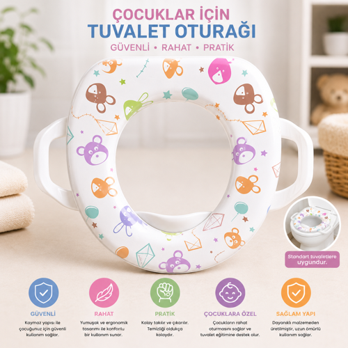 Soft Baby Desenli Çocuk Tuvalet Oturağı Adaptörü | Kulplu, Yumuşak Minderli 4