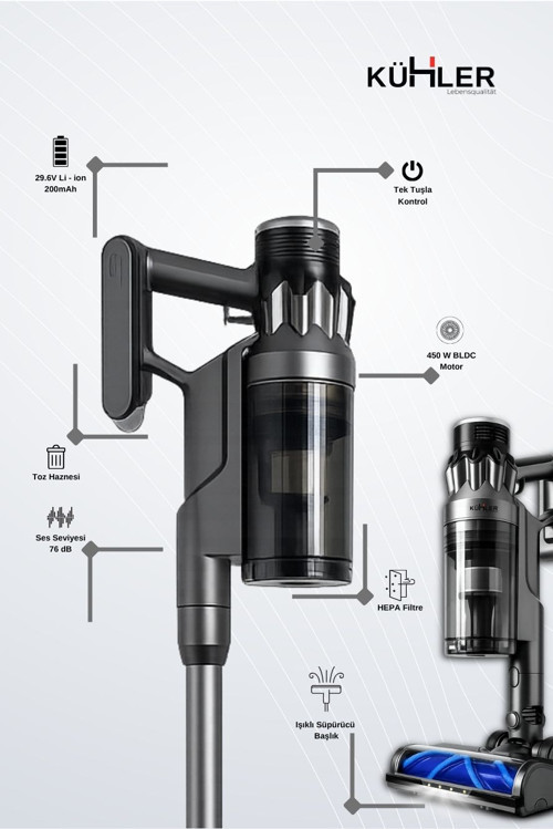Kraftmax LUX KH-V900 Akıllı Sensörlü Dikey Şarjlı Süpürge - Kablosuz (Mini Motorlu Antialerjik HEPA Filtreli Fırç
