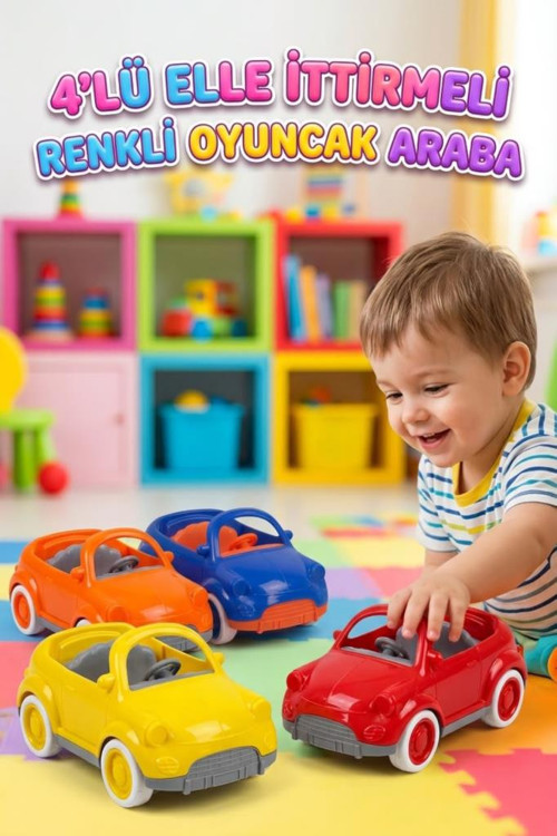 4'lü Mini Elle İttirmeli Renkli Yerli Üretim Eğitici ve Eğlenceli Oyuncak Araba Seti