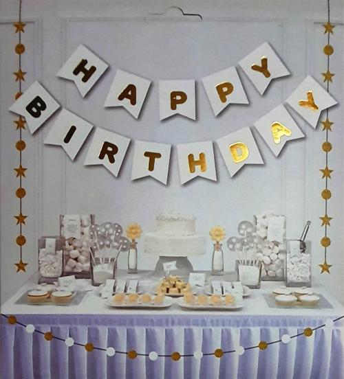 Happy Birthday Yazılı Doğum Günü Süsü Beyaz-Altın Flama Happy Birthday Yazılı Flama
