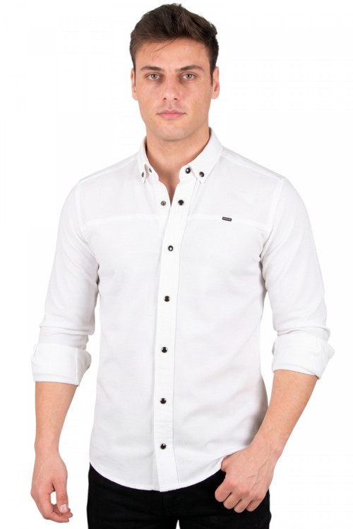 Beyaz Slim Fit Likralı Çıt Çıt Kapama Pamuklu Erkek Gömlek – Modern Dar Kesim 2300412
