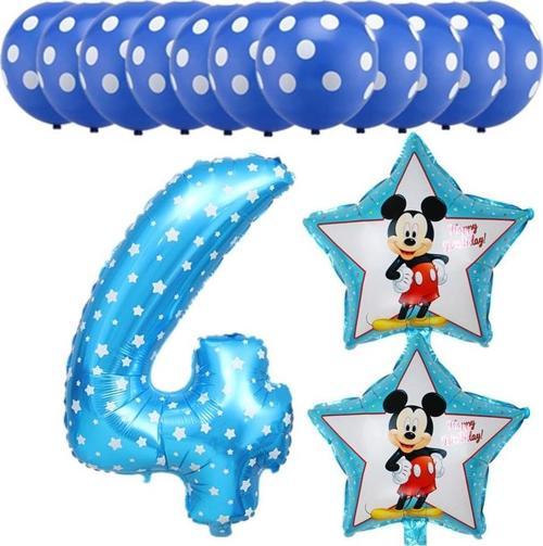 Mickey Mouse Figürlü 4 Yaş Doğum Günü Balon Seti 13 Parça - Helyuma Uyumlu Mavi Puantiyeli Yaş Günü Balon Seti