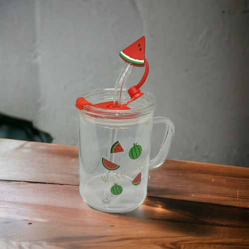 ETT Karpuz Tasarımlı Kupa Bardak - 400ml Cam Pipetli & Silikon Kapaklı
