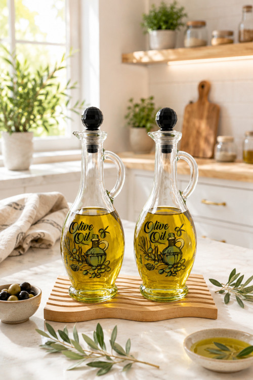 Cam Yağdanlık Sirkelik Seti Bambu Altlıklı 2’Li Siyah Kapaklı Cam Yağ Şişesi 500 Ml