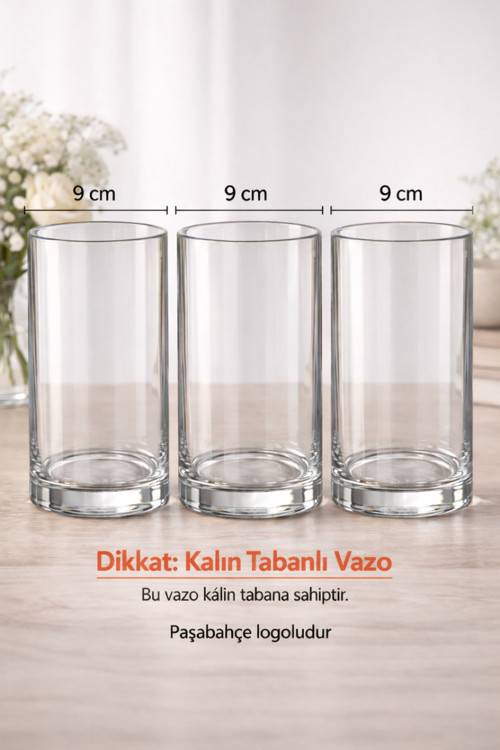 Countra 3'Lü Set Logolu Kalın Tabanlı Silindir Cam Mumluk 9X16 Cm