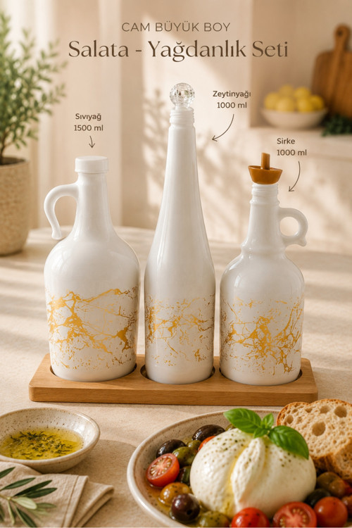 Cam Büyük Boy Salata Yağdanlık Seti 3’Lü Ahşap Standlı 1500 Ml – 1000 Ml