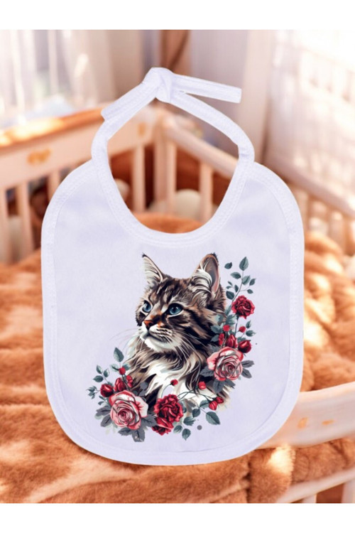 Güllü Kedi Baskılı 2 Adet Bebek Mama Önlüğü