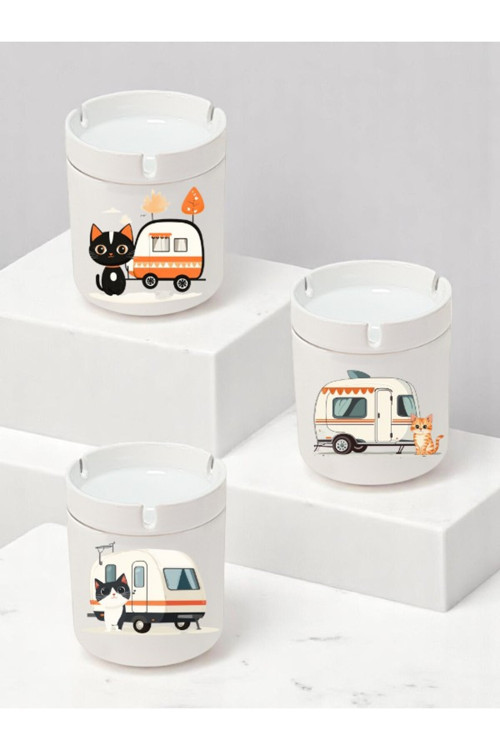 Kedi Ve Karavan Baskılı 3'lü Küllük Kül Tablası - Küllük Modelleri, Küllükler, Kokusuz Küllük