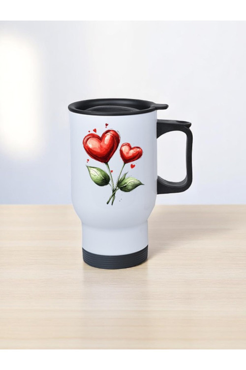 Kalp Şeklinde Çiçek Baskılı Kulplu Çelik Bardak Termos 450 ml