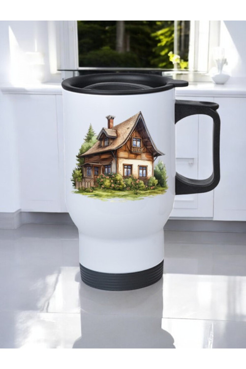 Köy Evi Baskılı Kulplu Çelik Bardak Termos 450 ml