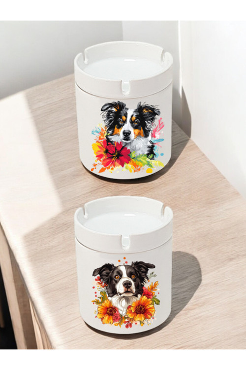 Köpek Çiçek İçinde Baskılı 2'li Küllük - Kapalı Küllük, Kapalı Kül Tablası, Kapaklı Seramik Küllük