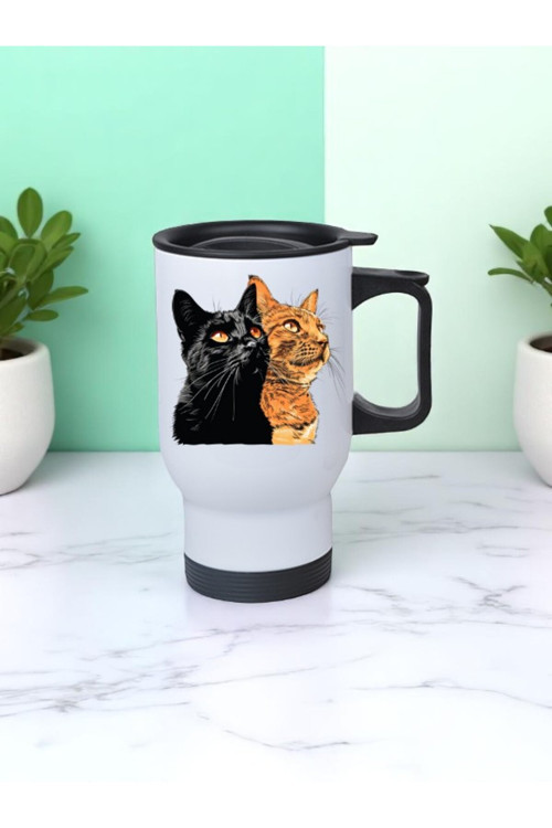 Turuncu ve Siyah Kedi Baskılı Kulplu Çelik Bardak Termos 450 ml