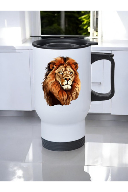 Karizmatik Aslan Baskılı Kulplu Çelik Bardak Termos 450 ml