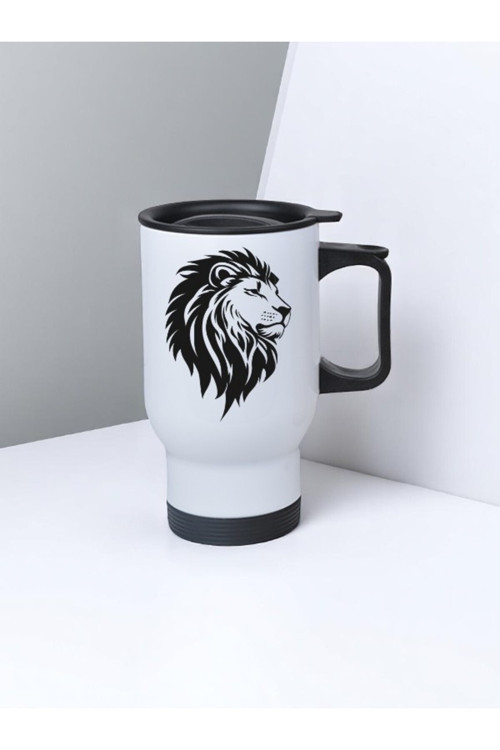 Siyah Aslan Baskılı Kulplu Çelik Bardak Termos 450 ml