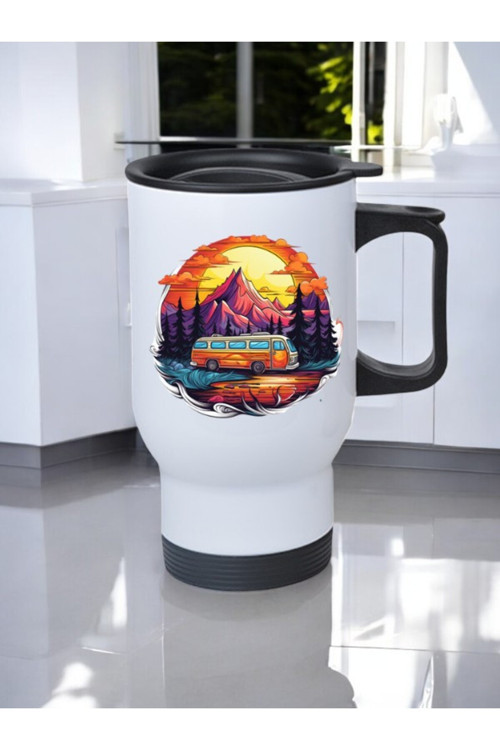 Kamp ve Karavan Baskılı Kulplu Çelik Bardak Termos 450 ml