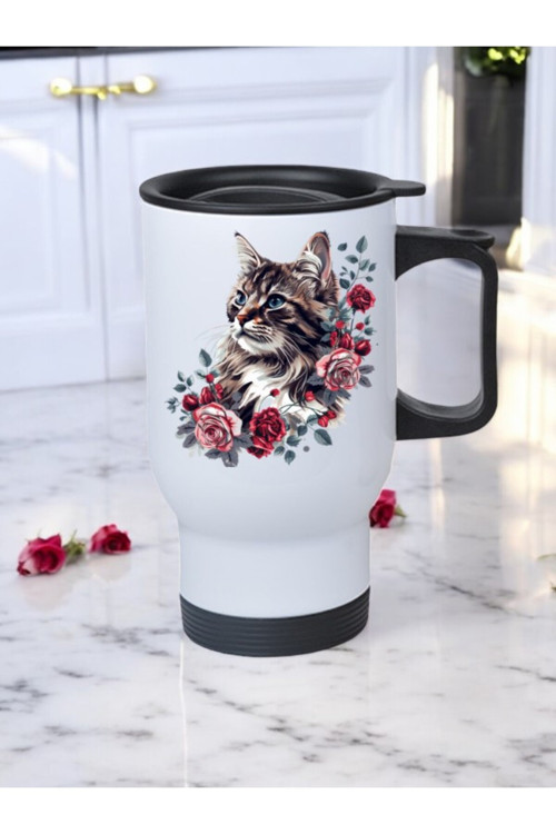 Güller İçinde Kedi Baskılı Kulplu Çelik Bardak Termos 450 ml