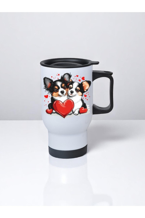 Kalpli Köpekler Baskılı Kulplu Çelik Bardak Termos 450 ml