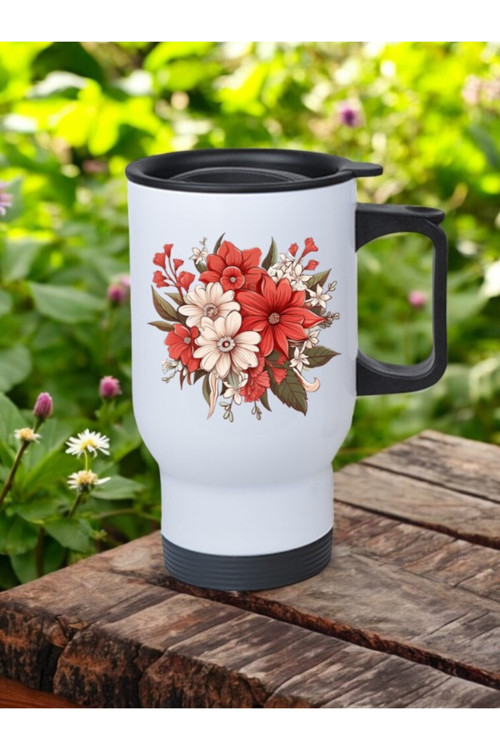 Çiçekler Temalı Kulplu Çelik Bardak Termos 450 ml