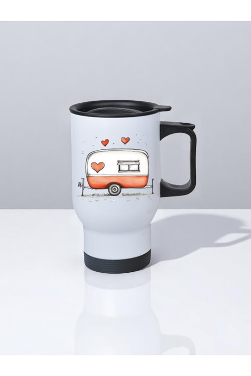 Kalp ve Karavan Baskılı Kulplu Çelik Bardak Termos 450 ml