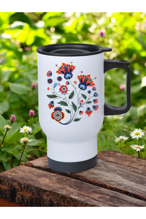 Ebru Deseni Baskılı Kulplu Çelik Bardak Termos 450 ml