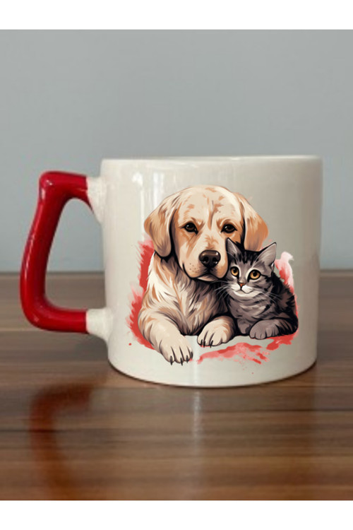 Kedili Ve Köpekli Kırmızı Kulplu Kupa Bardak - Seramik Çay, Kahve Hediyelik Bardağı
