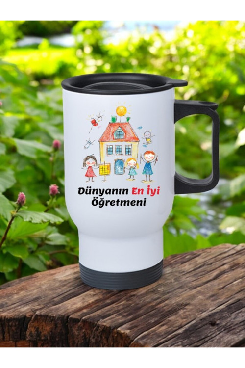 Dünyanın En İyi Öğretmeni Yazılı Kulplu Çelik Bardak Termos 450 ml