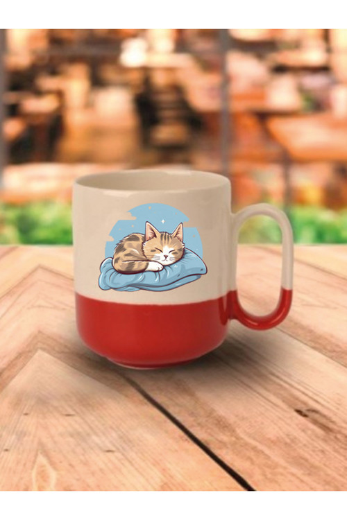 Uyuyan Kedi Kırmızı Tabanlı Seramik Kupa Bardak - Seramik Çay, Kahve Hediyelik Bardağı