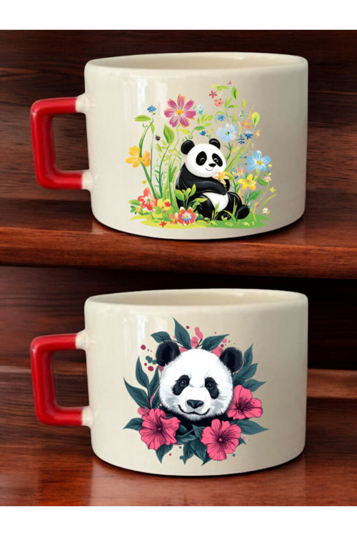 Çiçek ve Panda Baskılı 2'li Kahve Fincanı Seramik Kupa - Seramik Çay, Kahve Hediyelik Bardağı
