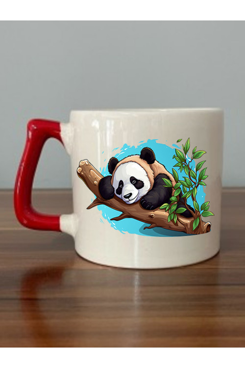 Panda Baskılı Kırmızı Kulplu Kupa Bardak - Seramik Çay, Kahve Hediyelik Bardağı Öğretmenler Günü