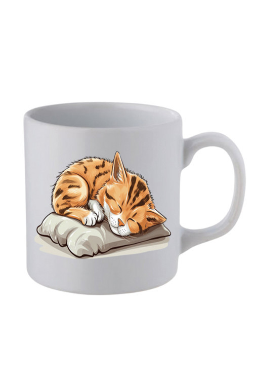 Yastıkta Uyuyan Kedi Baskılı Beyaz Kupa Bardak - Seramik Çay, Kahve Hediyelik Bardağı