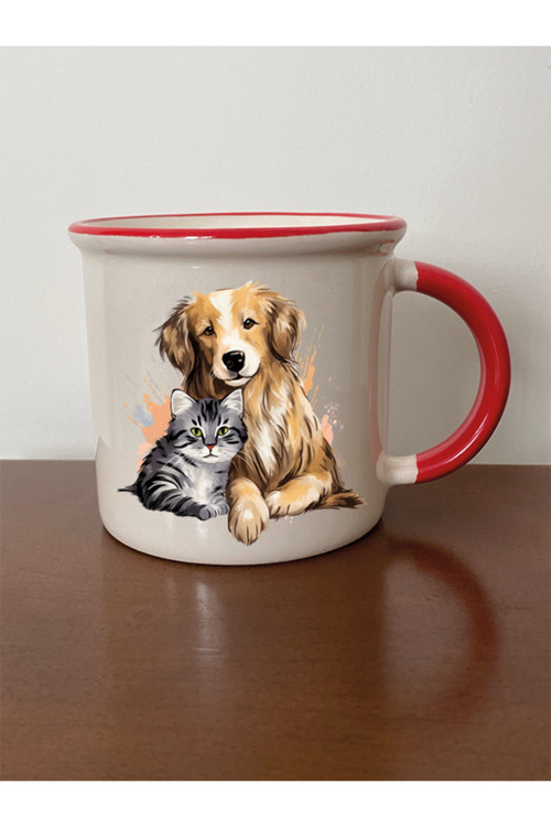 Kedi Ve Köpek Temalı Kırmızı Ağızlı Kupa Bardak - Seramik Çay, Kahve Hediyelik Bardağı